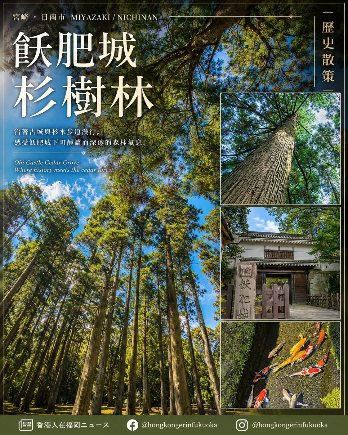 宮崎日南市飫肥城杉樹林,沿著古城與杉木步道散步,感受飫肥城下町靜謐而深邃的森林氣息