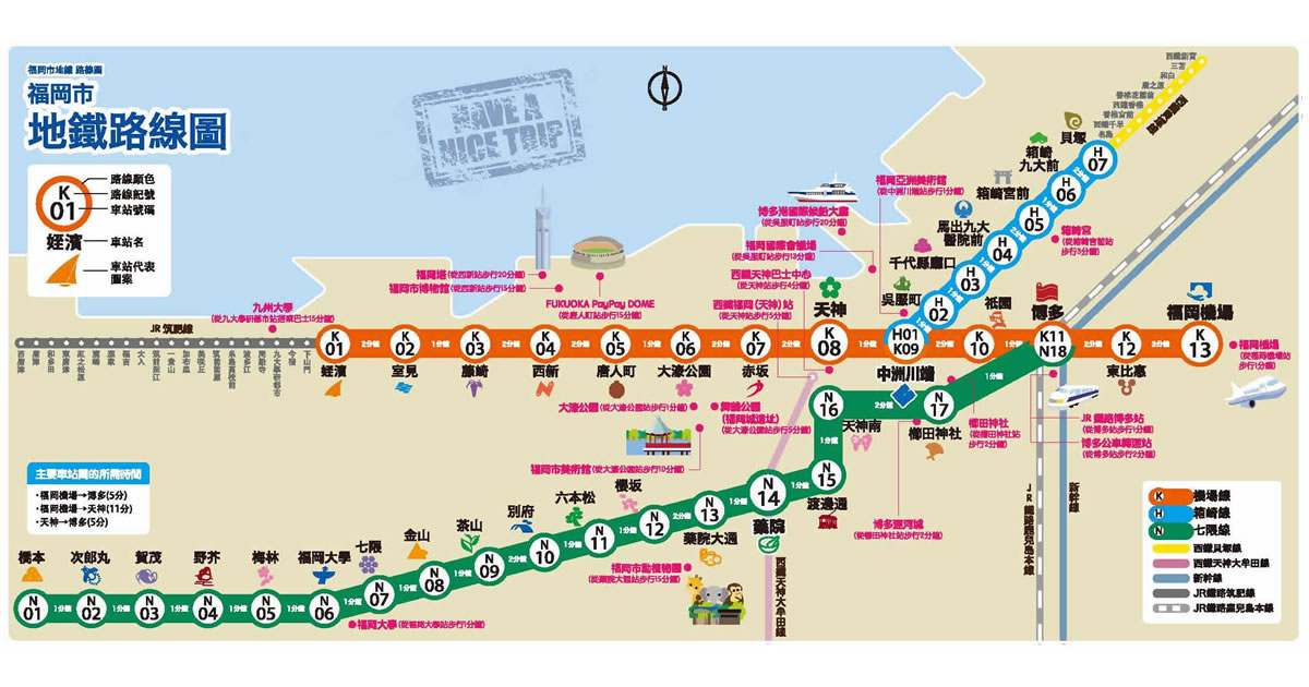 福岡市地下鐵路線圖（空港線K・箱崎線H・七隈線N )