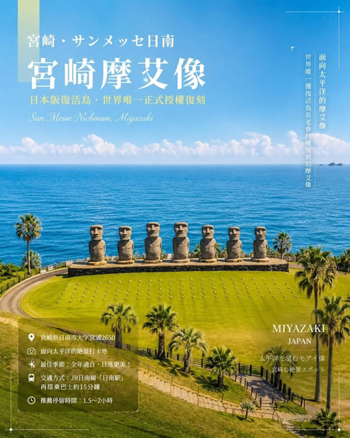 宮崎 Sun Messe Nichinan サンメッセ日南摩艾像，面向太平洋的七座復活島授權復刻摩艾石像與南國海景